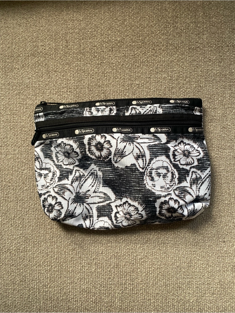 Lesportsac Black and White Floral Zip Cosmetic Pouch